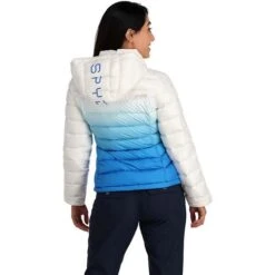 Spyder Women's Timeless Hoodie Down Jacket -Ski Sales Shop fw23 spyder womenstimelesshoodiedownjacket defrostcollegiate 2